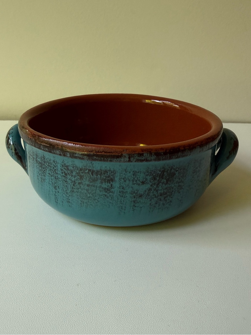 Blue Ceramic Serving Bowl with Handles - Rustic Brown Interior